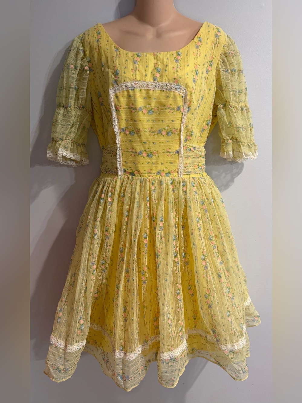 H Bar C California Rachwear Yellow Full Circle Floral Lace Dress Square Dancing